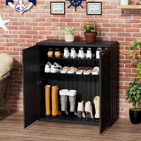 Mrosaa black storage cabinet resists fading, keeping towels and tools neatly stored.