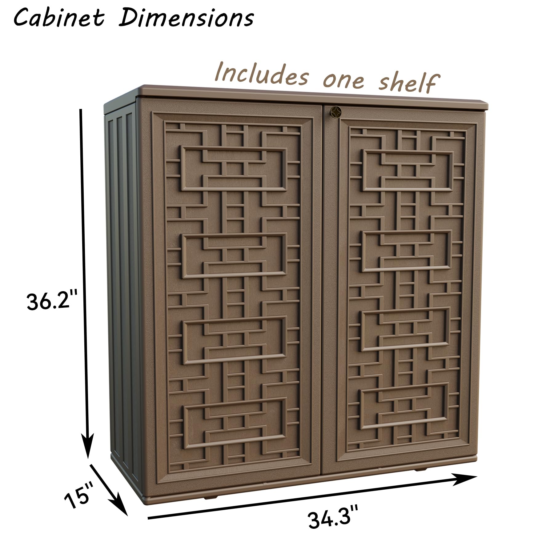 Mrosaa outdoor cabinet includes free metal shelf for organization.