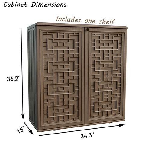 Mrosaa outdoor cabinet includes free metal shelf for organization.