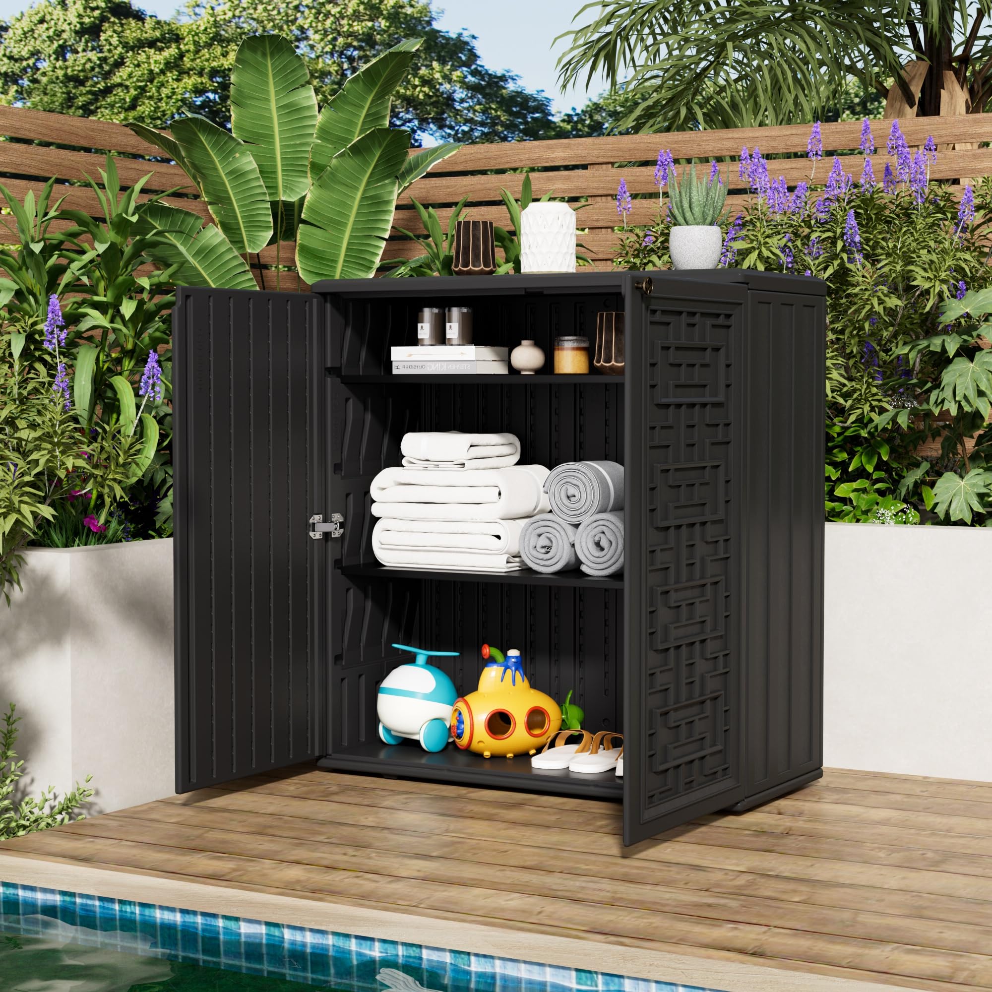 Mrosaa outdoor cabinet beside grill area organized with pool supplies nearby.