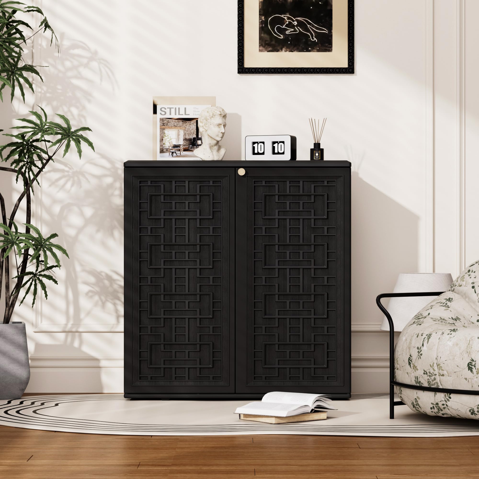 Mrosaa plastic cabinet highlights resin durability and UV resistance for long-term outdoor use.