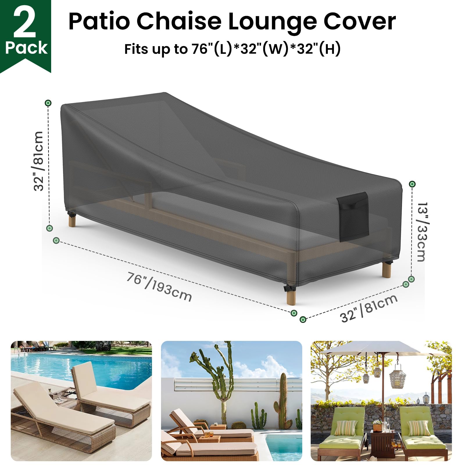 Mrrihand chaise lounge cover side view shows snug fit with drawstring and buckle