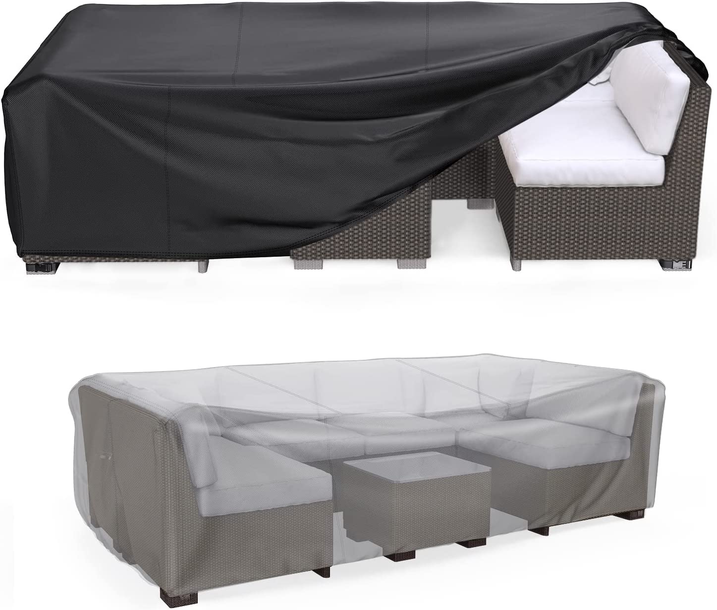 Mrrihand patio furniture cover protecting a sectional sofa set from rain and dust.