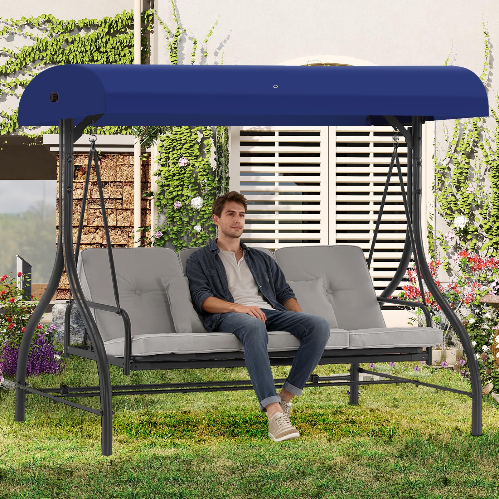 Mrsenloi blue canopy top on porch swing shows detailed stitching and fabric clarity.