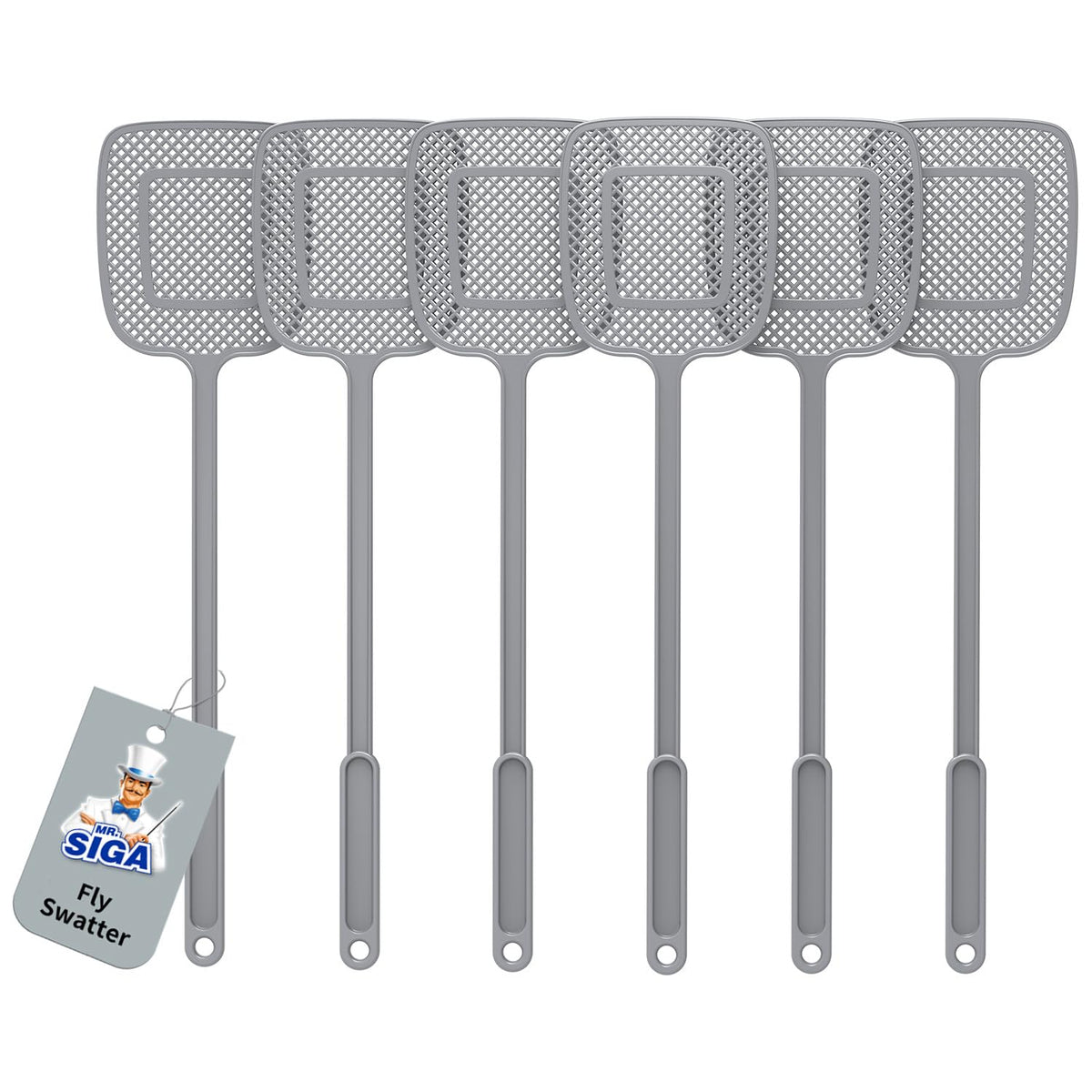 MR.SIGA heavy-duty fly swatter six-pack in gray for ready pest control.