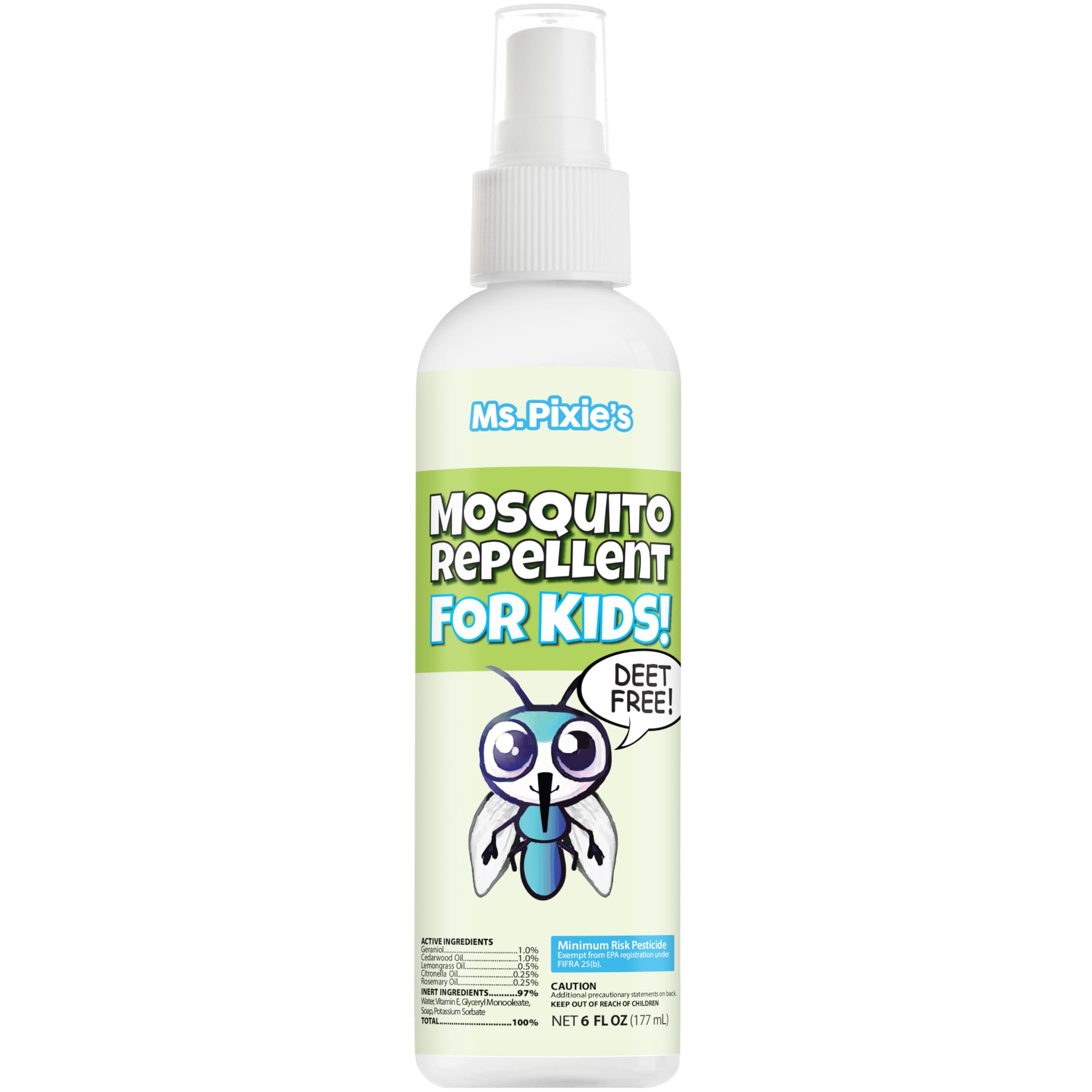 Ms. Pixie's Mosquito Repellent bottle shielding kids during outdoor play.