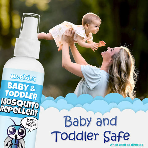 Ms. Pixie's Baby Mosquito Repellent in an outdoor play scene for family use.