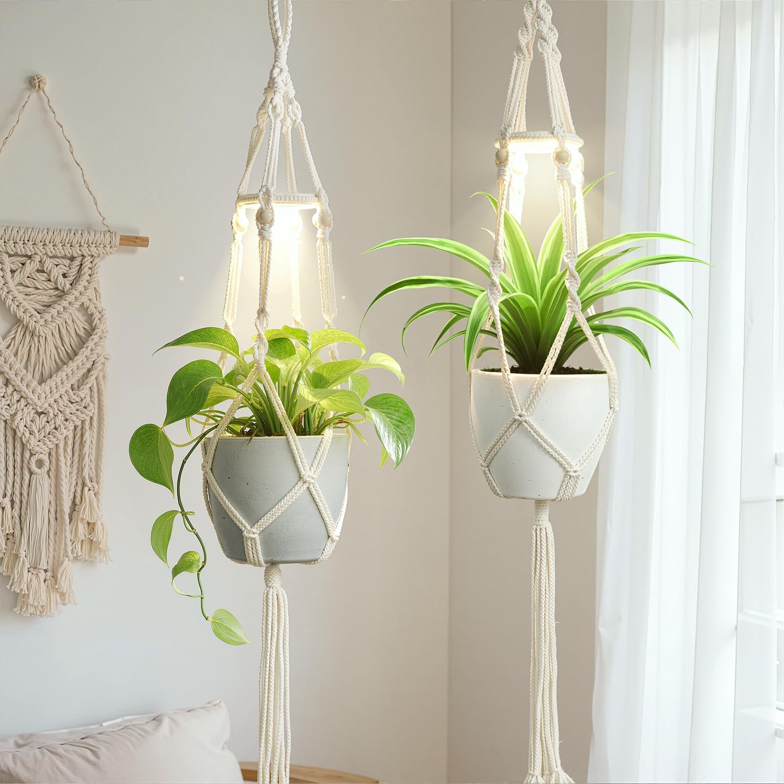 MSFON 2Pack macrame plant hanger with grow light creates a cozy indoor plant display.