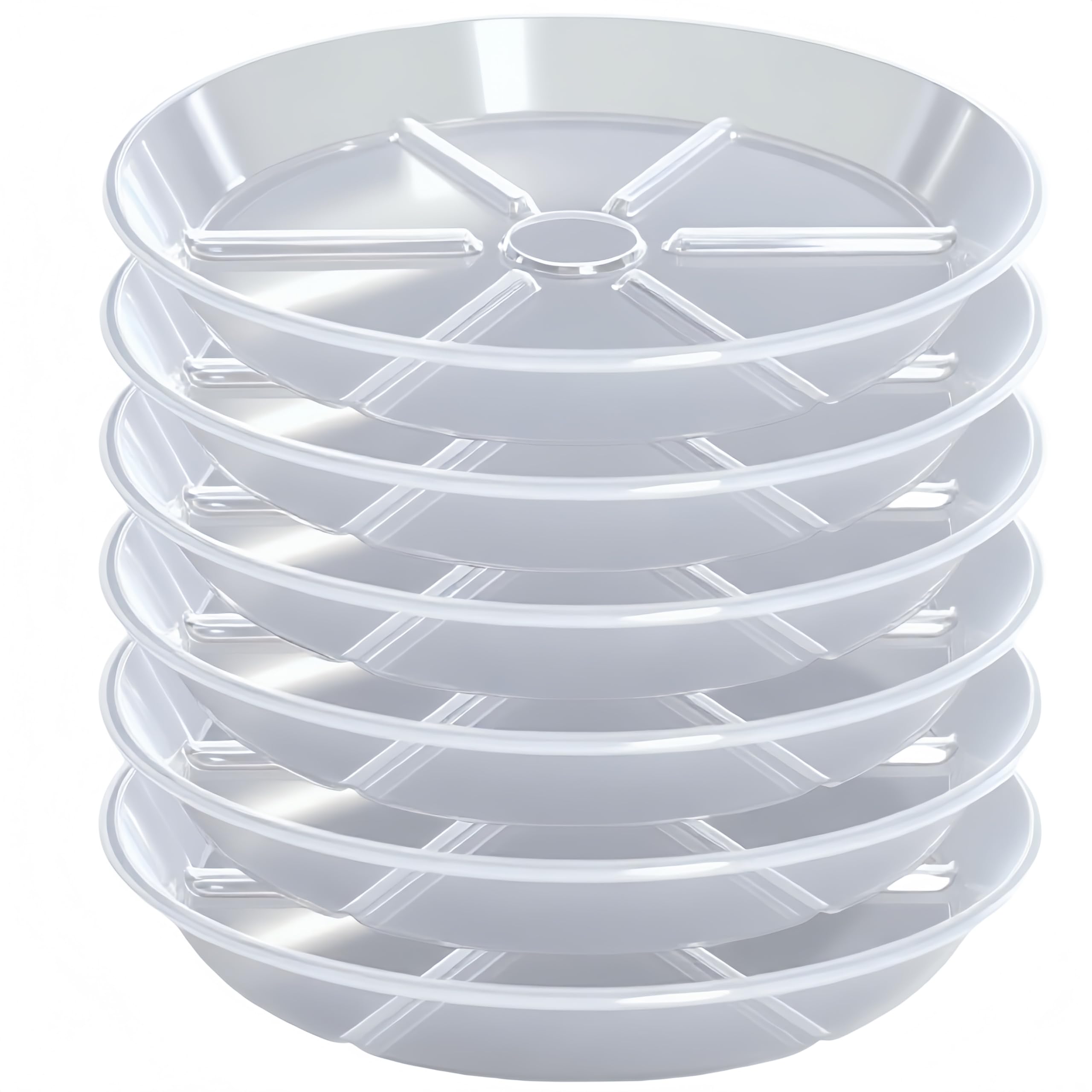 MSKIAUO 12-inch clear plant saucer six-pack for versatile indoor and outdoor use.