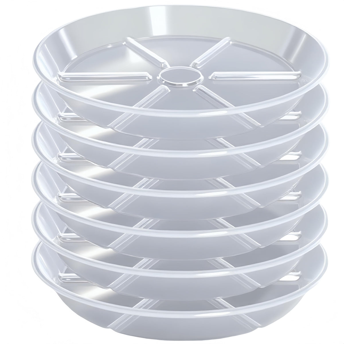 MSKIAUO 12-inch clear plant saucer six-pack for versatile indoor and outdoor use.