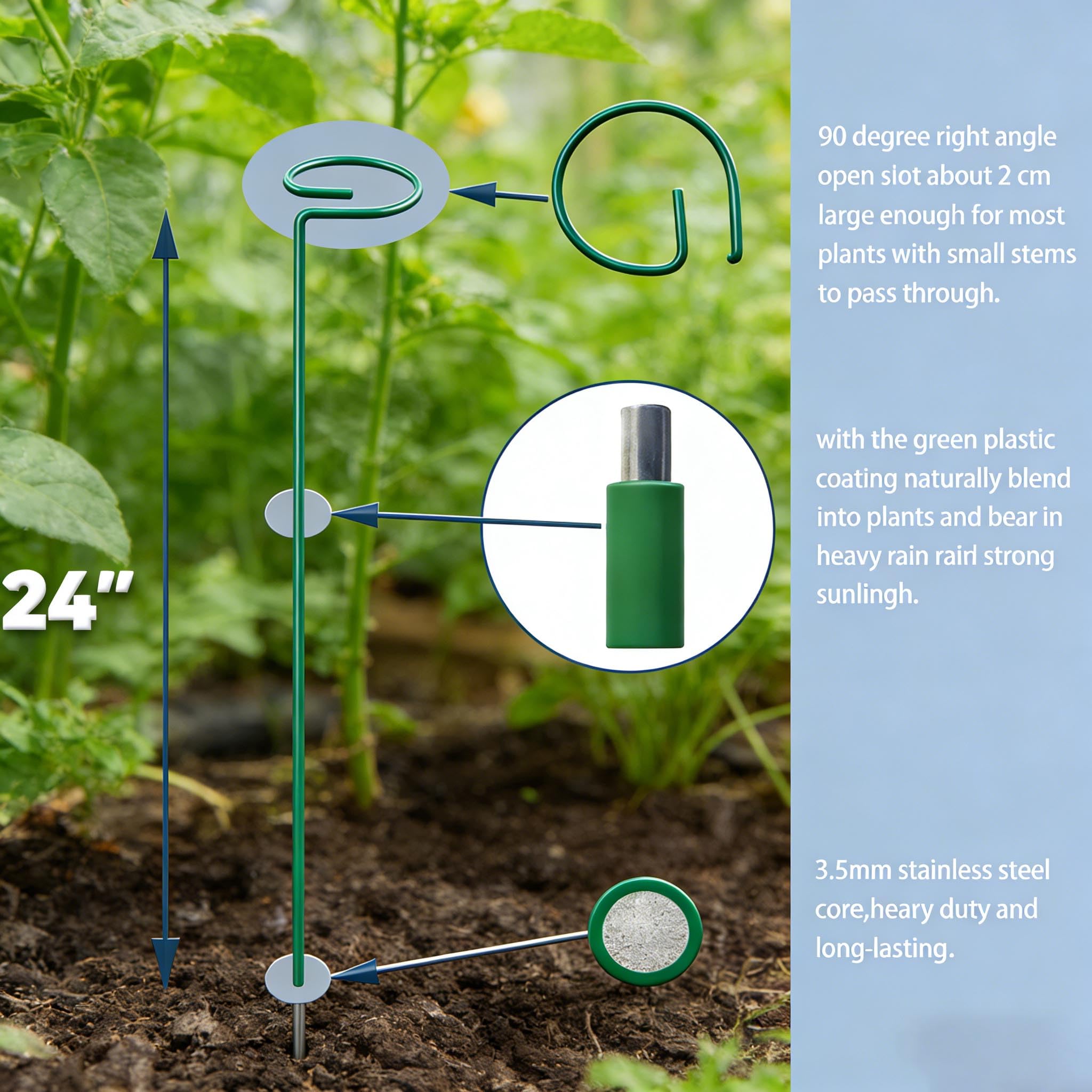 MTB Supply green 11-gauge stake provides sturdy garden support.