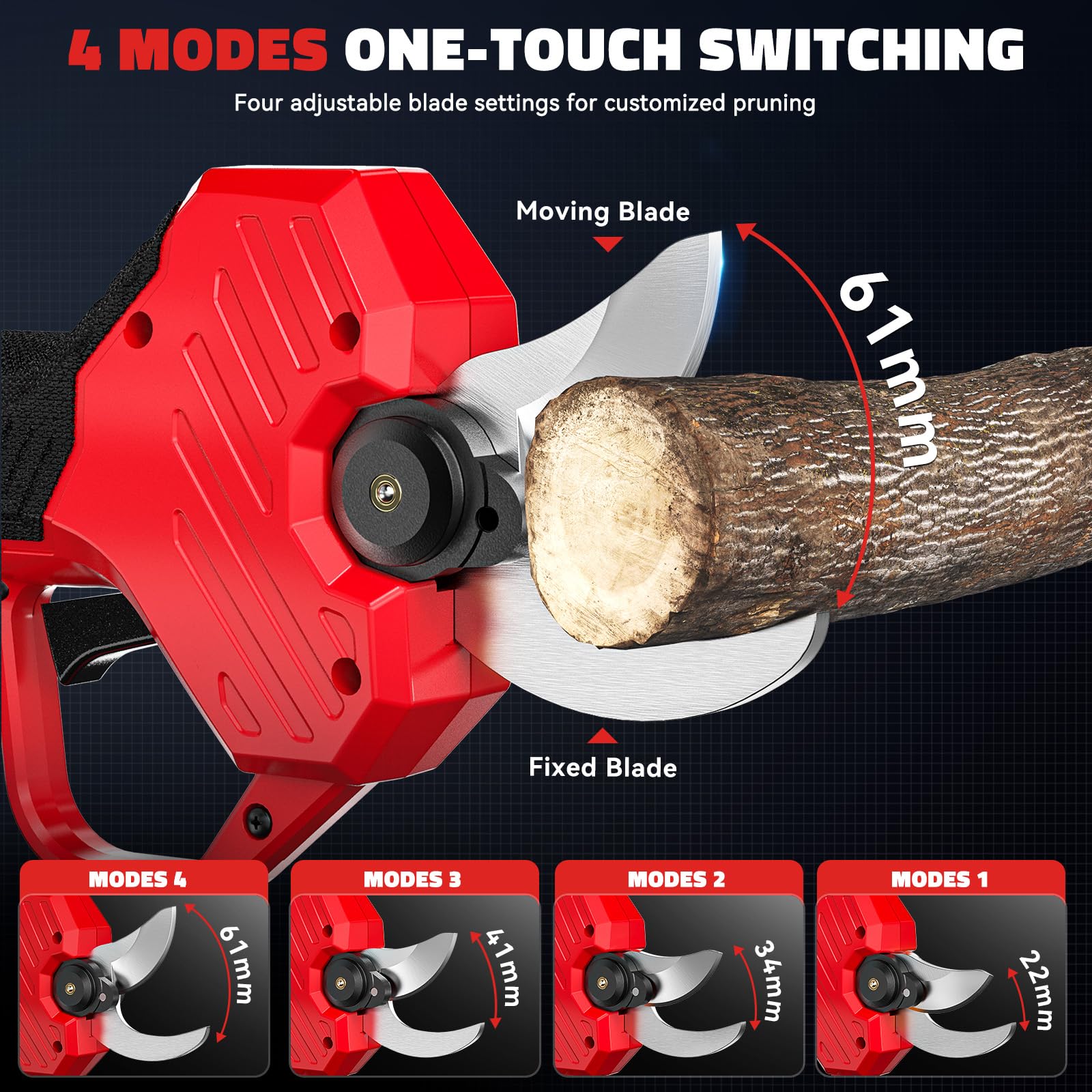MtiolHig LCD display on pruning shears indicating cutting count and battery status.