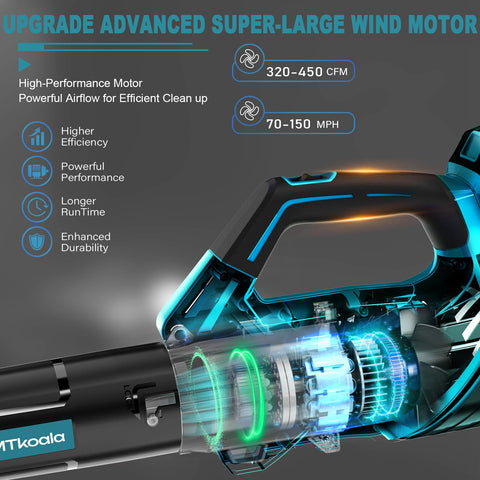 MTKOALA 450 CFM with tapered nozzle clears leaves efficiently