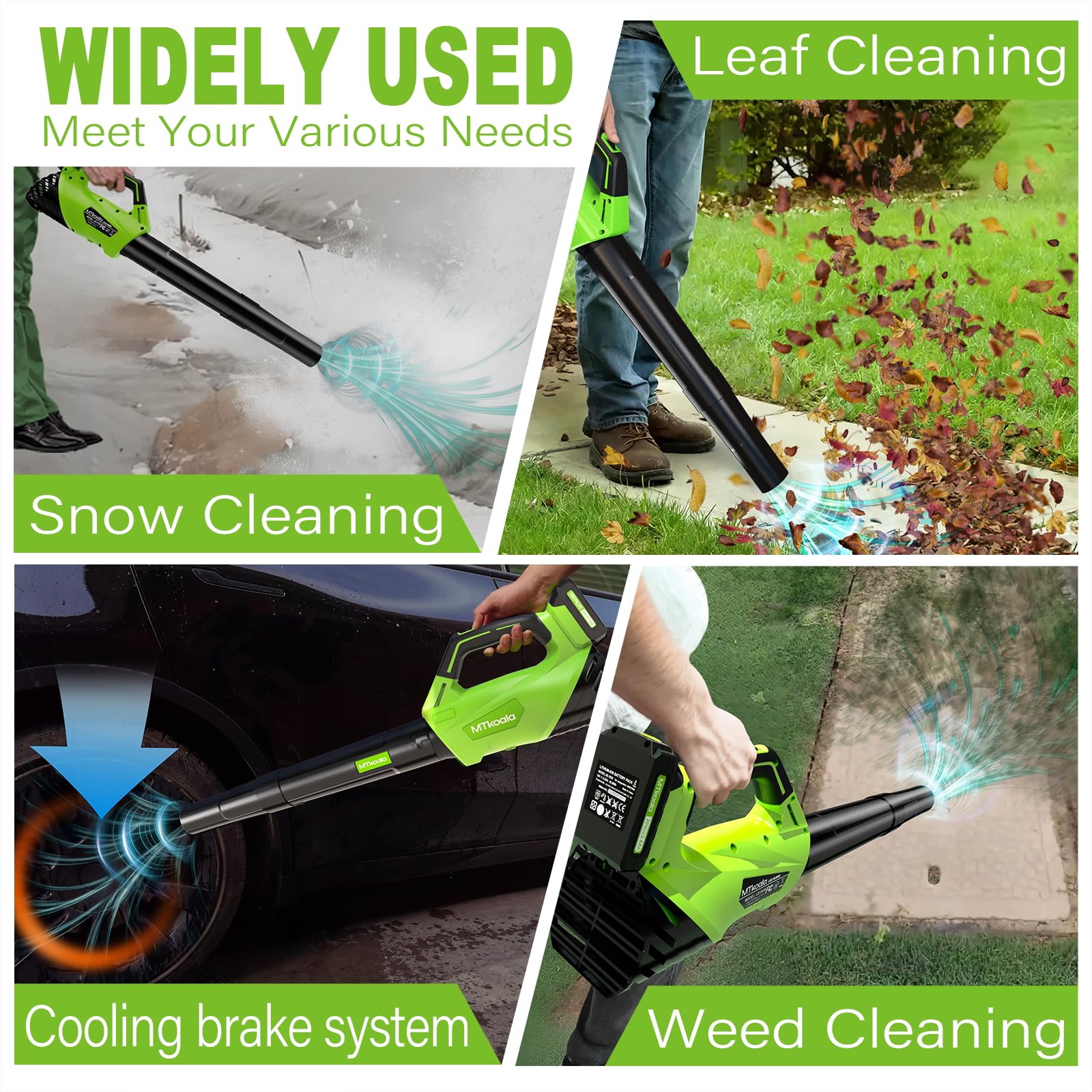 MTKOALA leaf blower in use on yard clearing leaves and debris