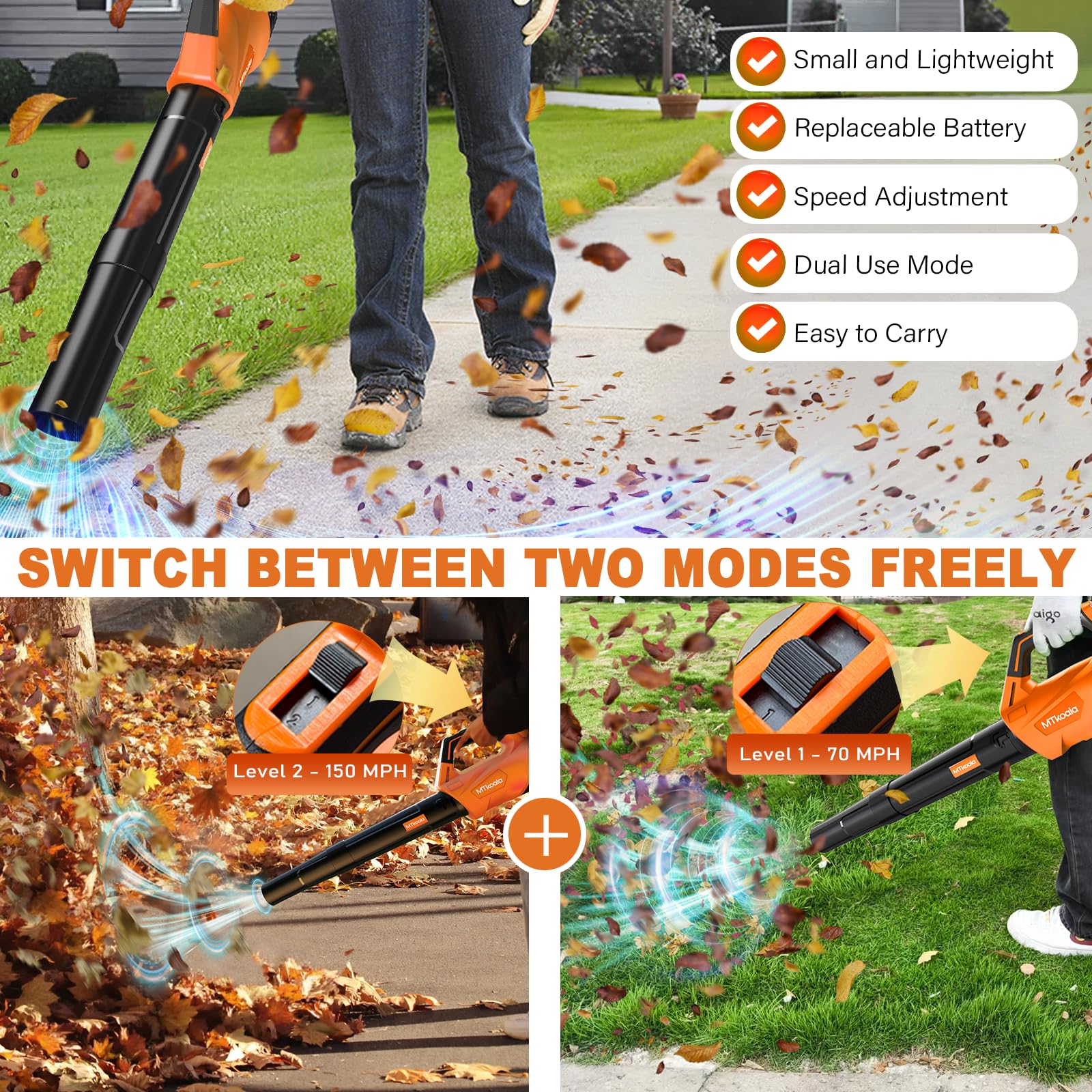 MTKOALA leaf blower operates quietly to minimize outdoor disturbance.