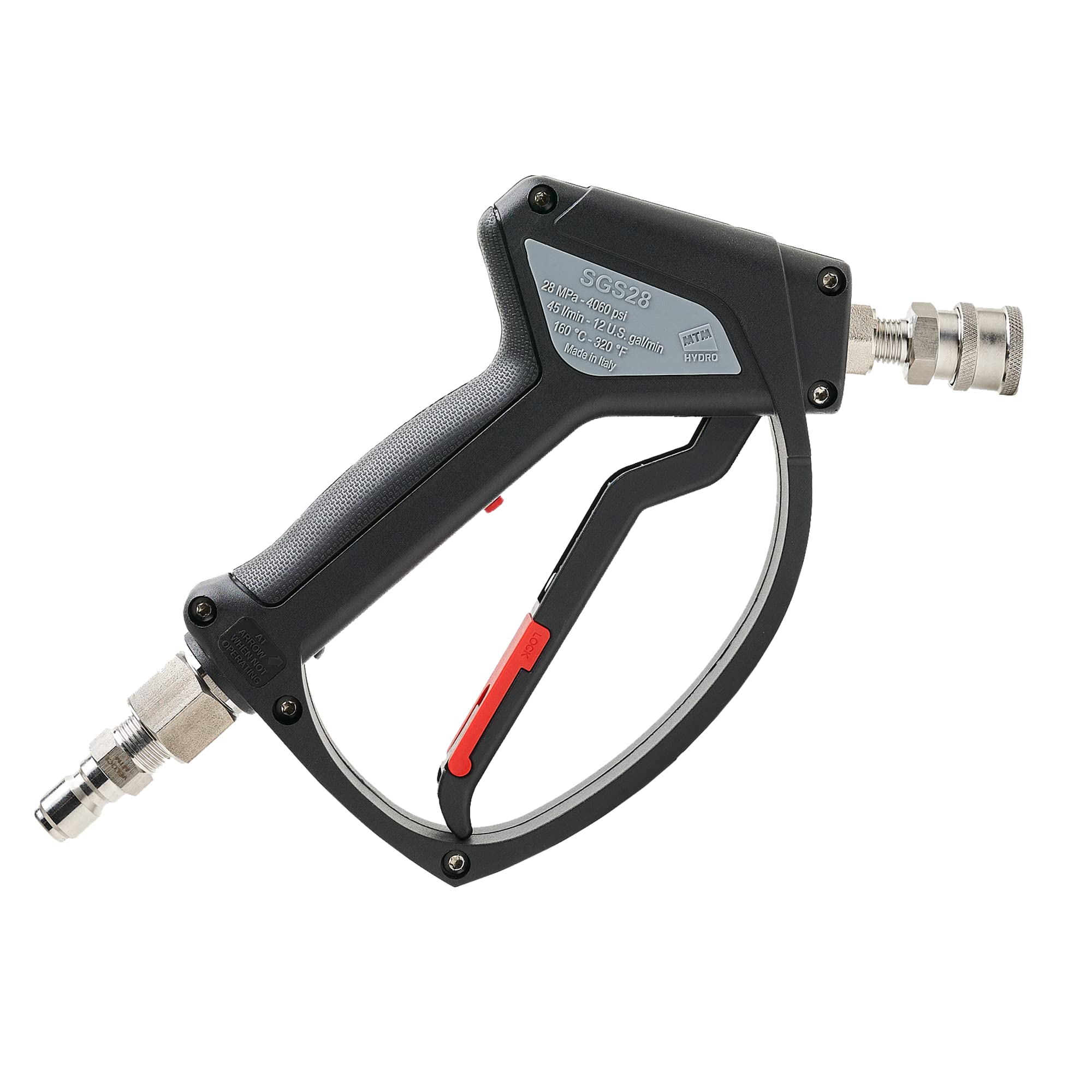MTM Hydro SGS28 trigger gun with installed stainless fittings for leak-free operation