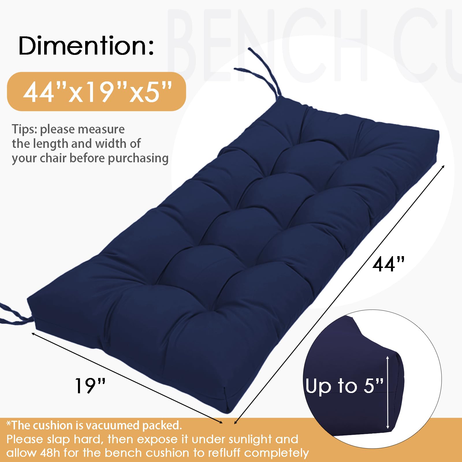 MTMR 44x19 inch tufted cushion showcases durable comfort for patio benches.