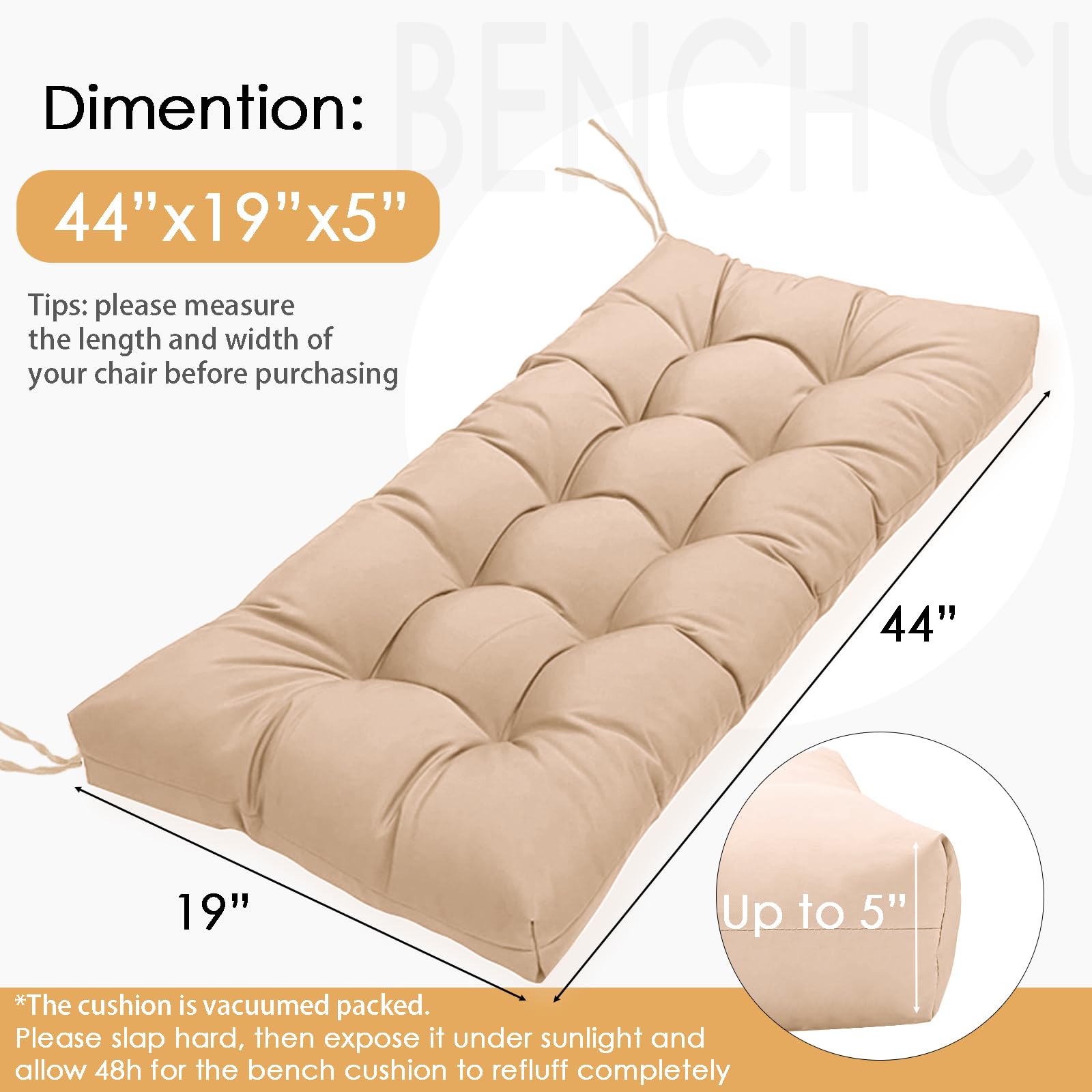 MTMR 44x19 inch cushion adds thick comfort for porch and patio seating.