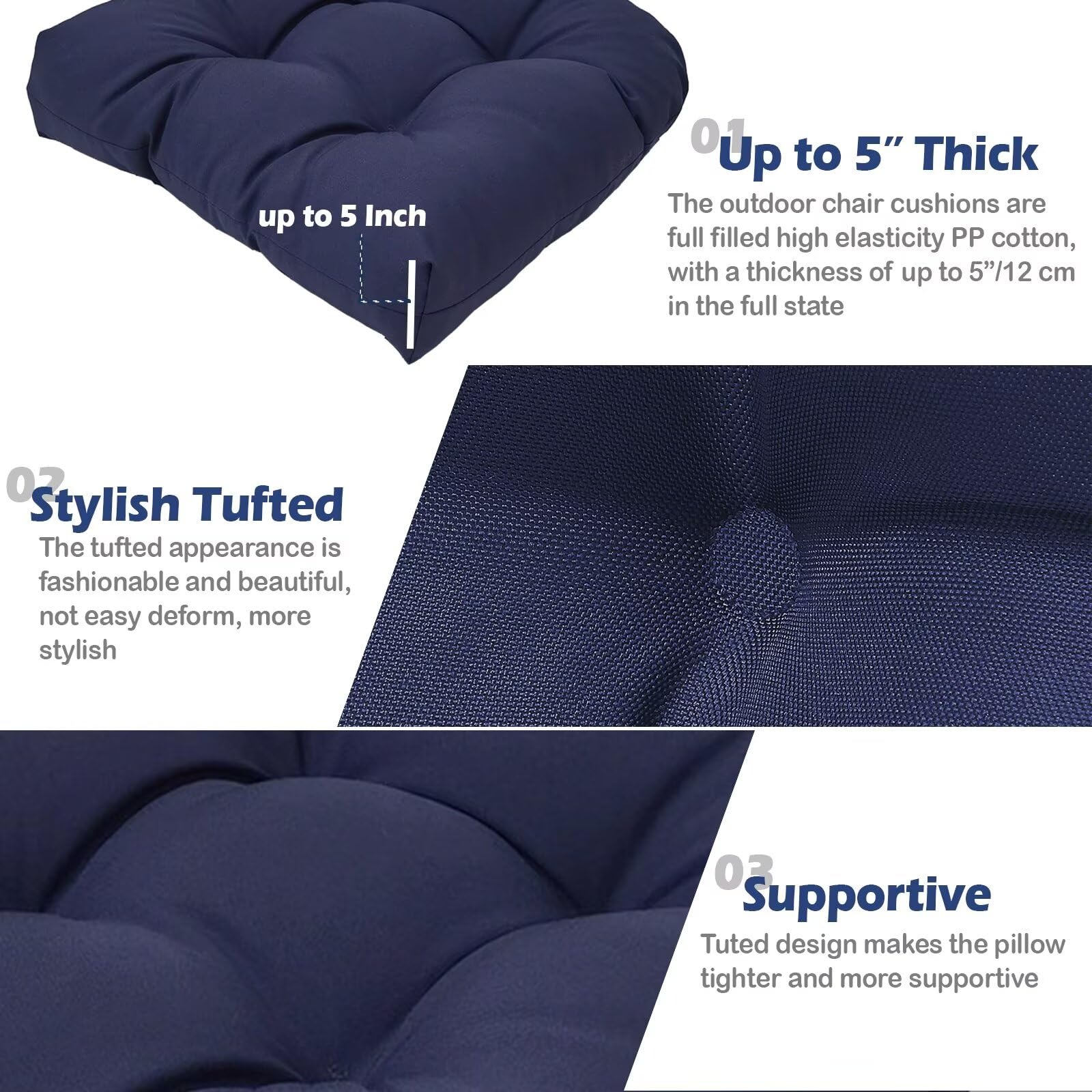 MTMR patio cushions compatible with wood, aluminum, wicker, and rattan chairs.