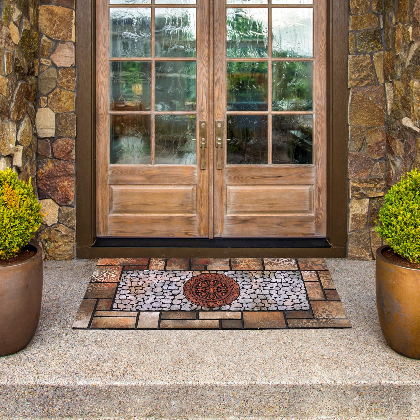 MTOUOCK welcome mat with non-slip rubber backing keeps entryway clean.