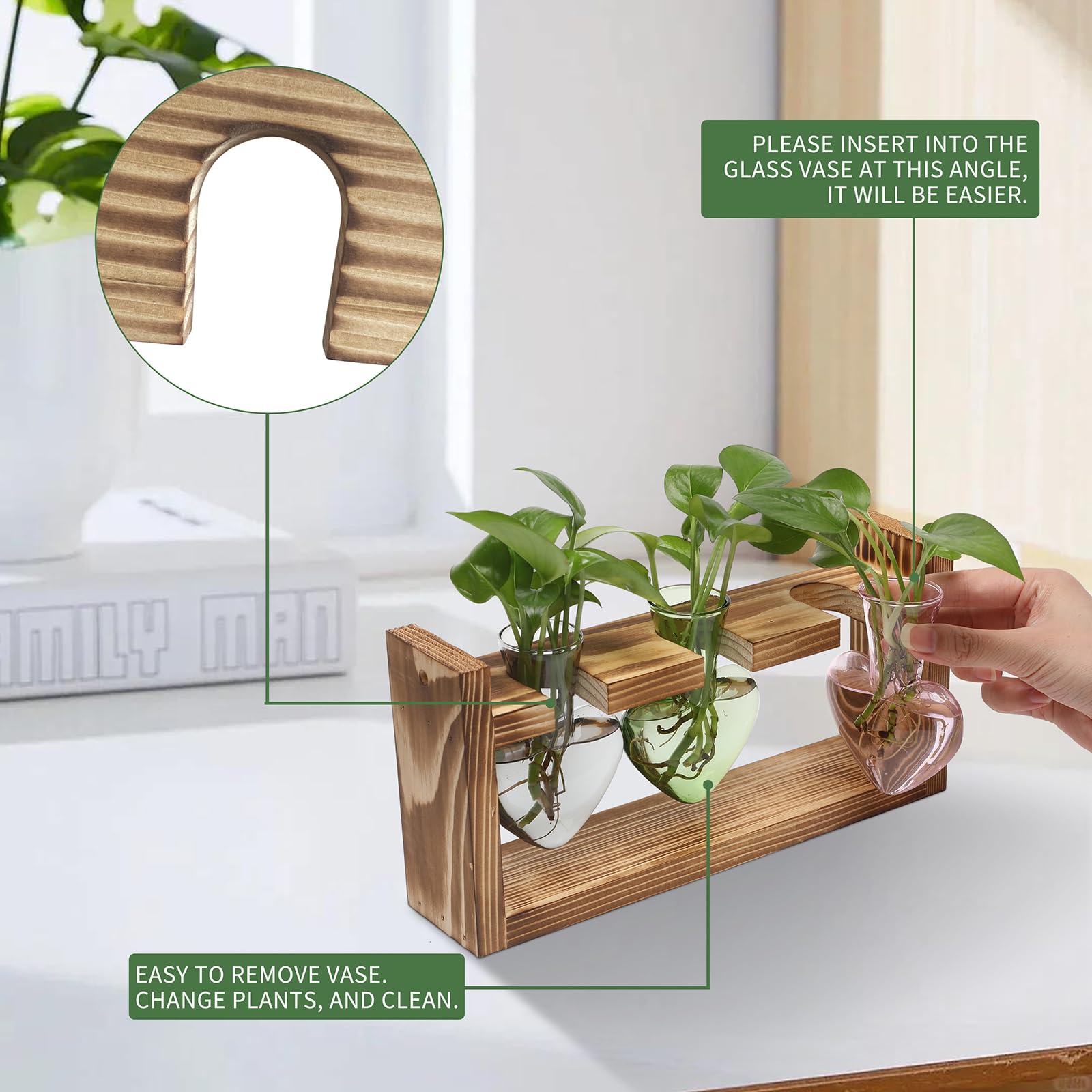 MTsigns wooden stand elevates the heart vase for home display.