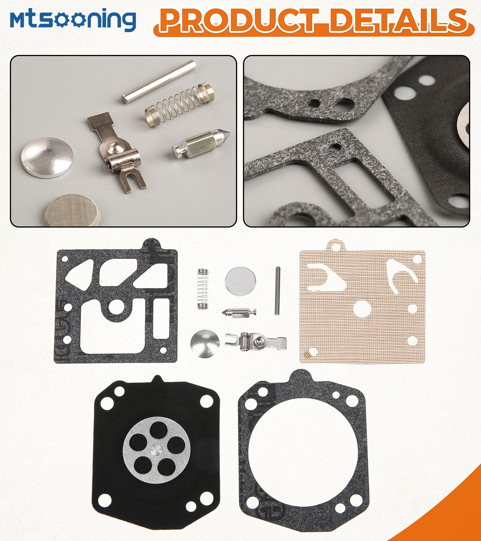 Mtsooning premium diaphragm carb kit provides flexible seals for reliability.