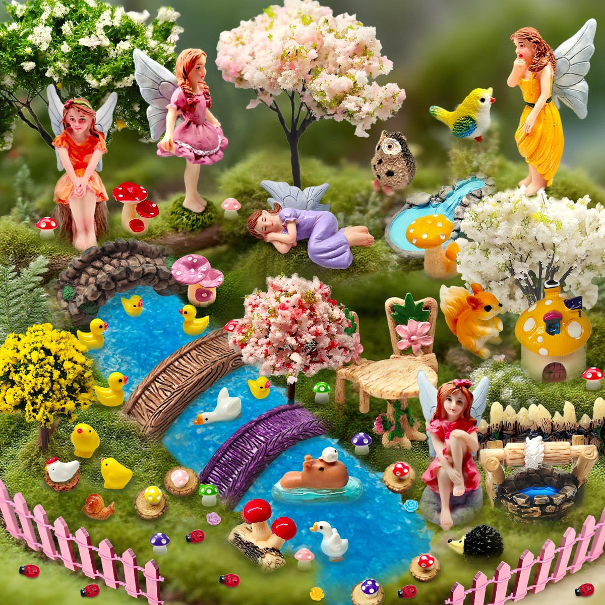 MTWENWENZY 114-piece fairy garden kit with colorful miniatures for outdoor display.