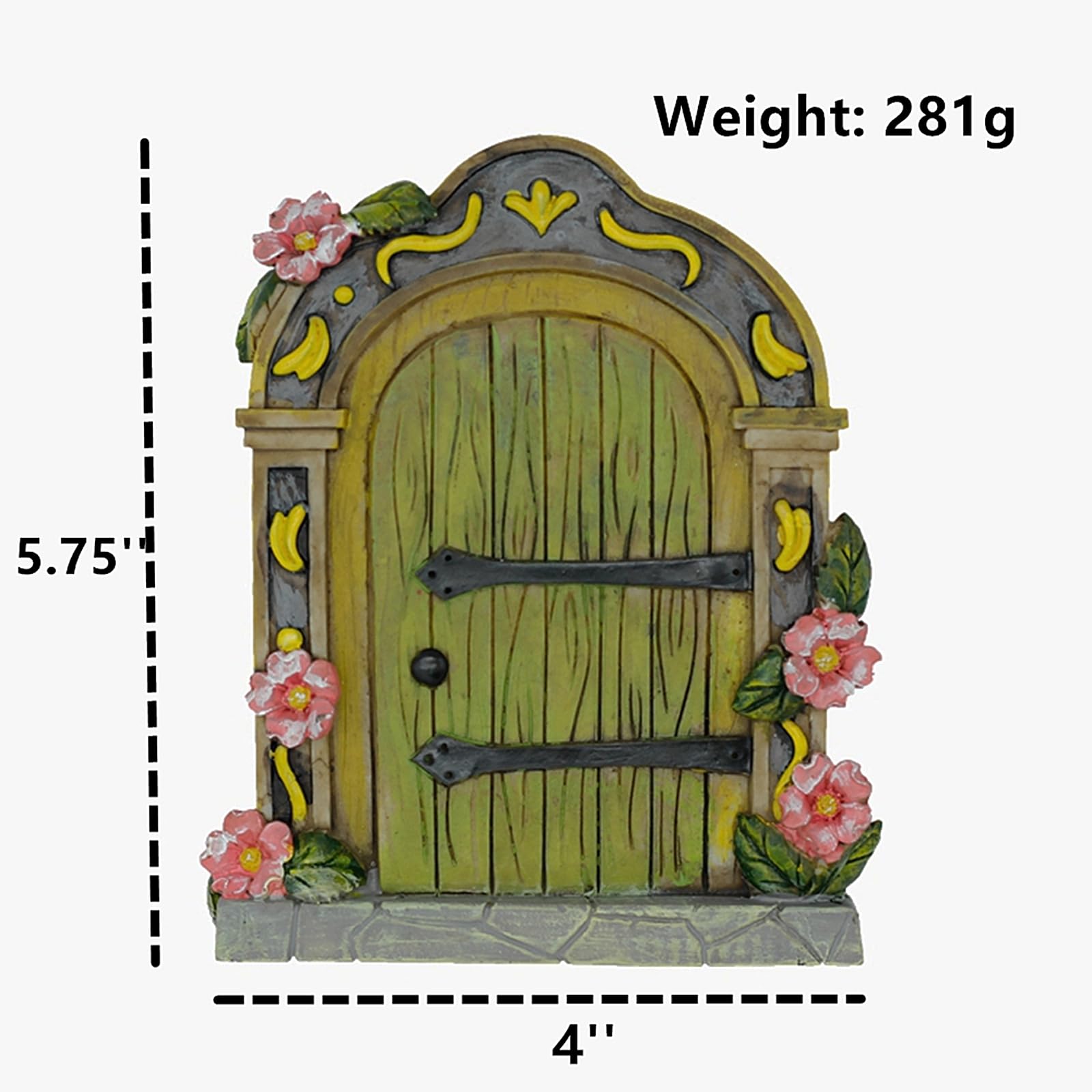 MUAMAX green door with pink flowers detail adds whimsy to the fairy garden