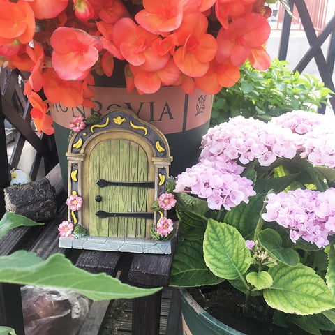 MUAMAX green door shown mounted on a tree trunk for magical appeal