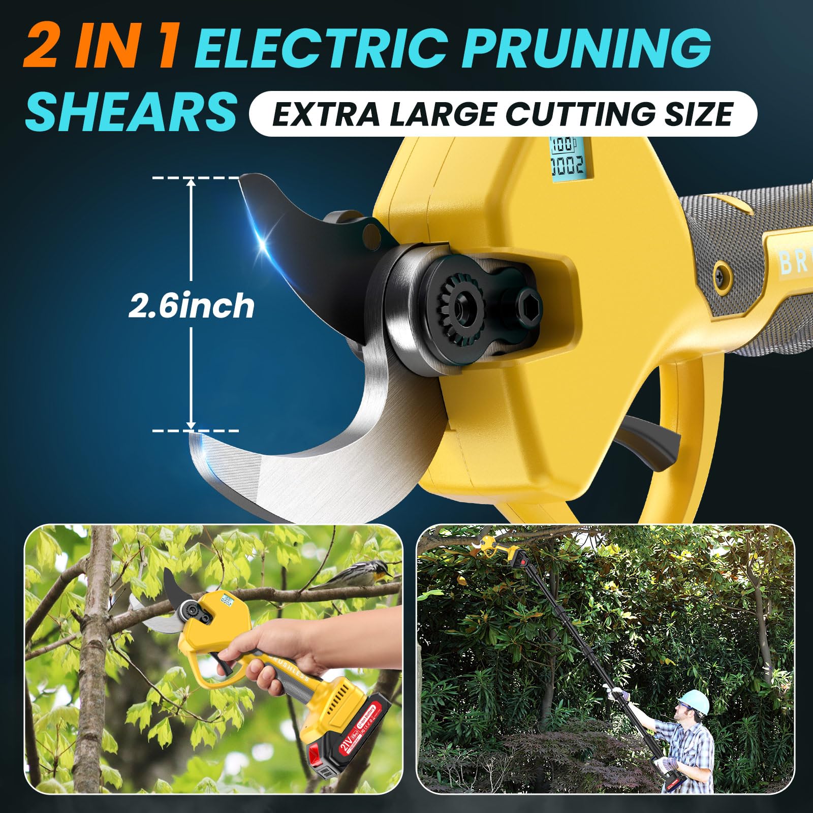MuatCtarom cordless pole pruner in action showing 14 ft reach