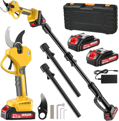 MuatCtarom electric pruning shears with extension rod reaching tall branches for easy pruning