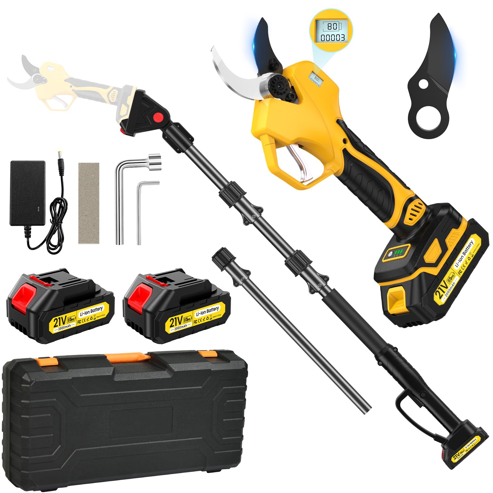 MuatCtarom electric pruning shears with an 8ft pole for safe high-branch pruning.