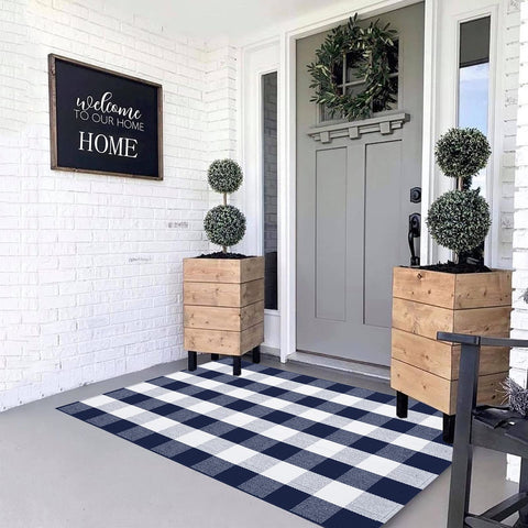 MUBIN cotton buffalo plaid rug at front door, durable outdoor mat.