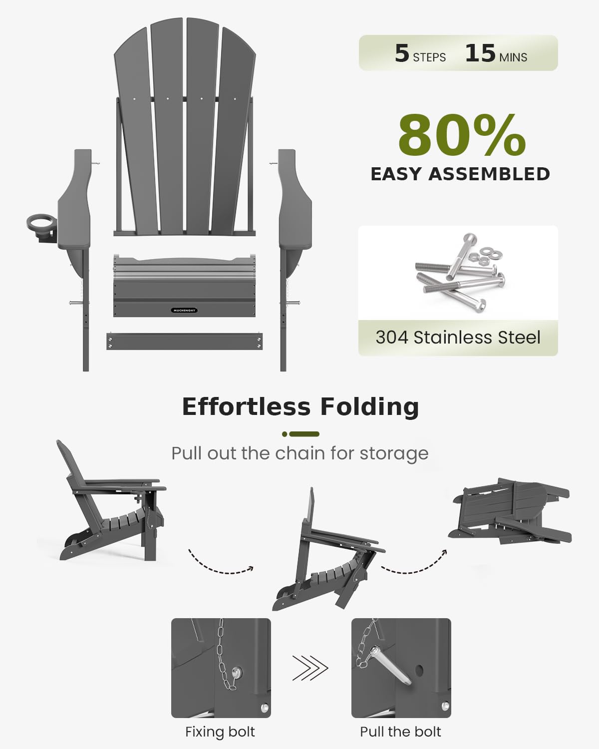 MUCHENGHY gray Adirondack chair backrest provides relaxed lounging.