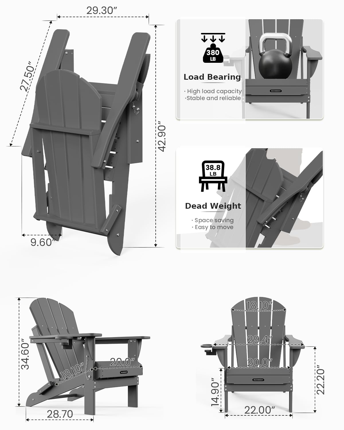 MUCHENGHY Adirondack chair gray with cup holder ready for a refreshing drink.