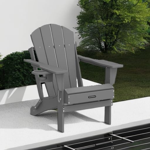 MUCHENGHY gray Adirondack chair demonstrates durable HDPE construction.