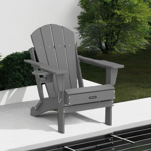 MUCHENGHY gray Adirondack chair demonstrates durable HDPE construction.