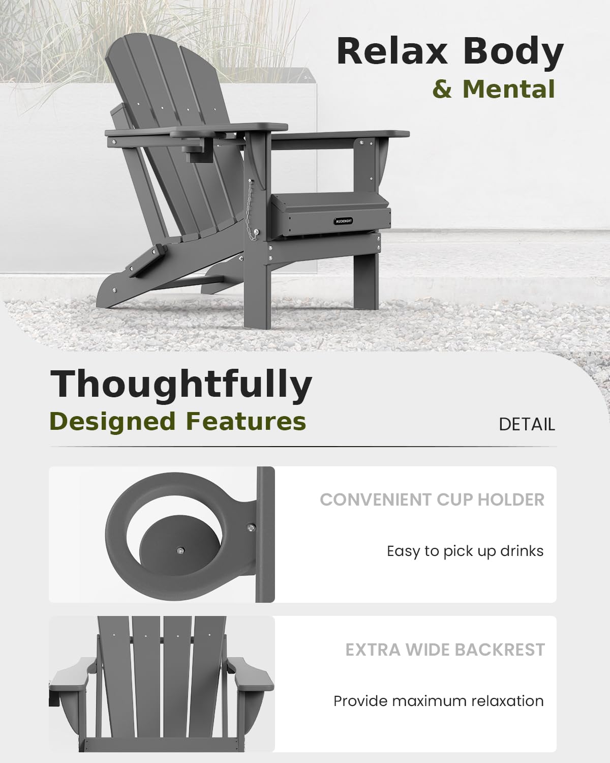 MUCHENGHY gray outdoor Adirondack chair in a garden setting.
