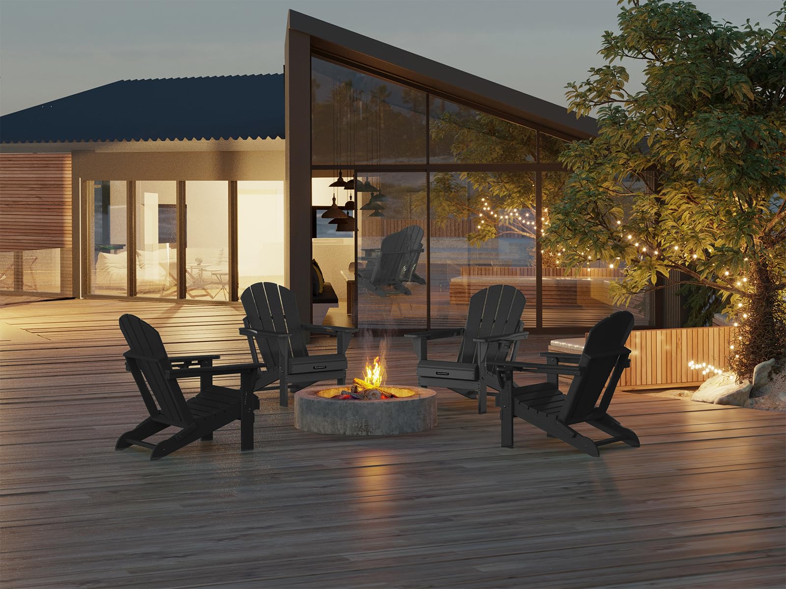 MUCHENGHY folding Adirondack chair, black side view, showing durable HDPE frame.