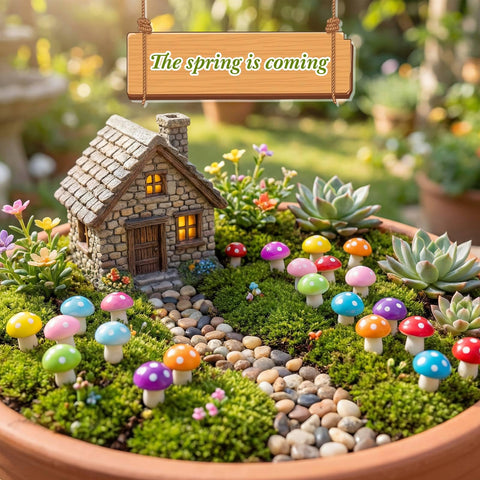 Mudder orange foam mushroom brings playful color to small plant pots.