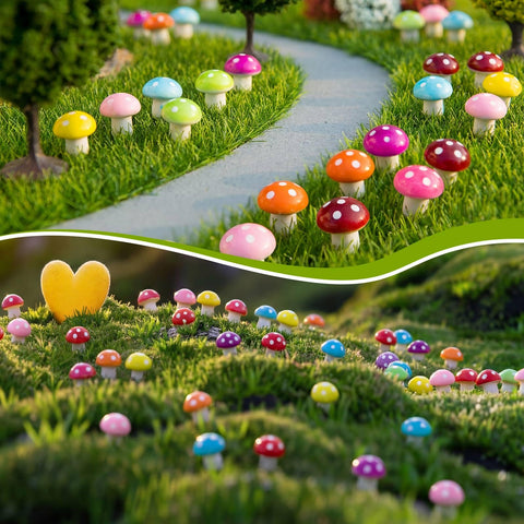 Mudder rose-red foam mushroom provides vivid accents for fairy village displays.
