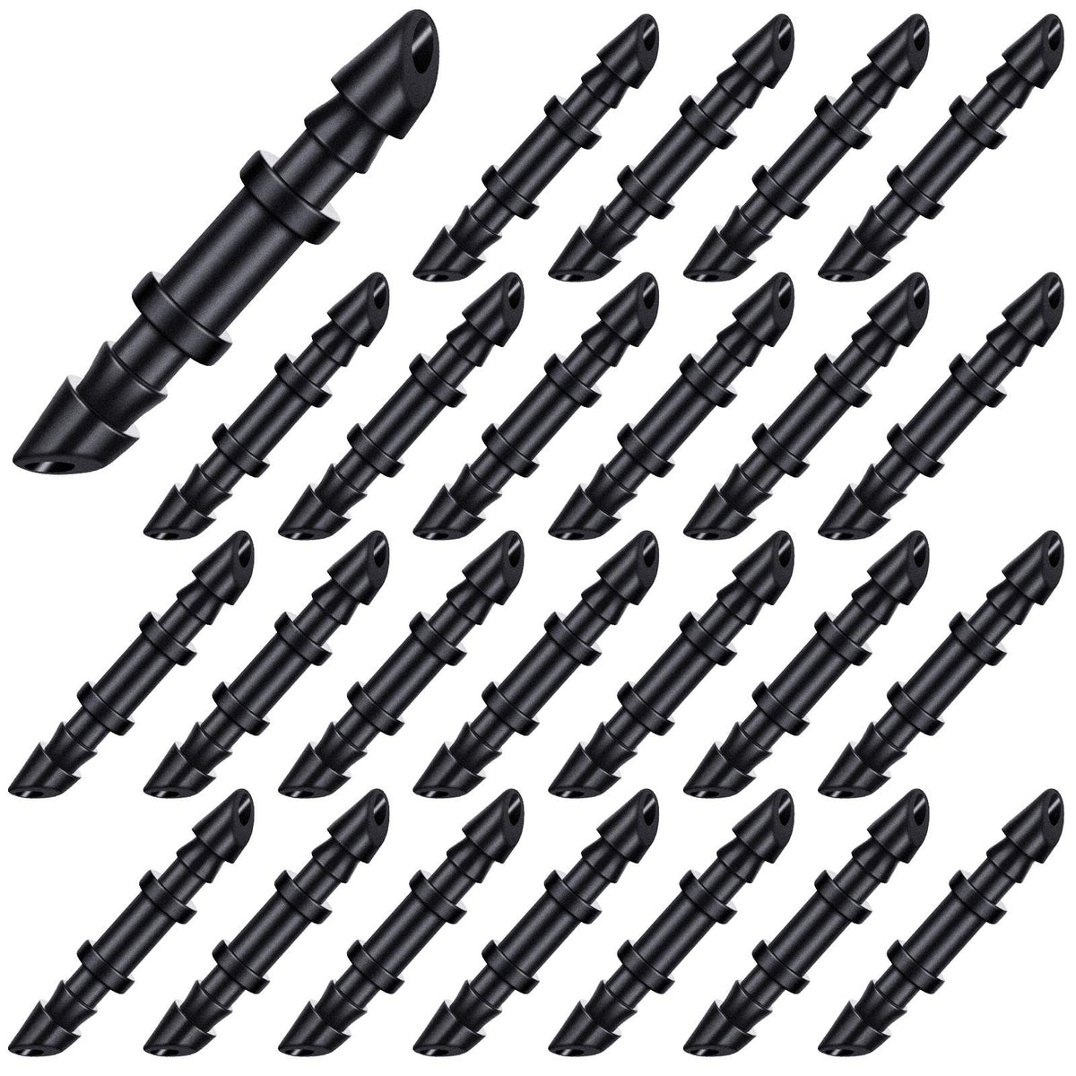 Mudder barbed connectors for 1/4-inch drip irrigation, ideal for quick garden tubing joins.