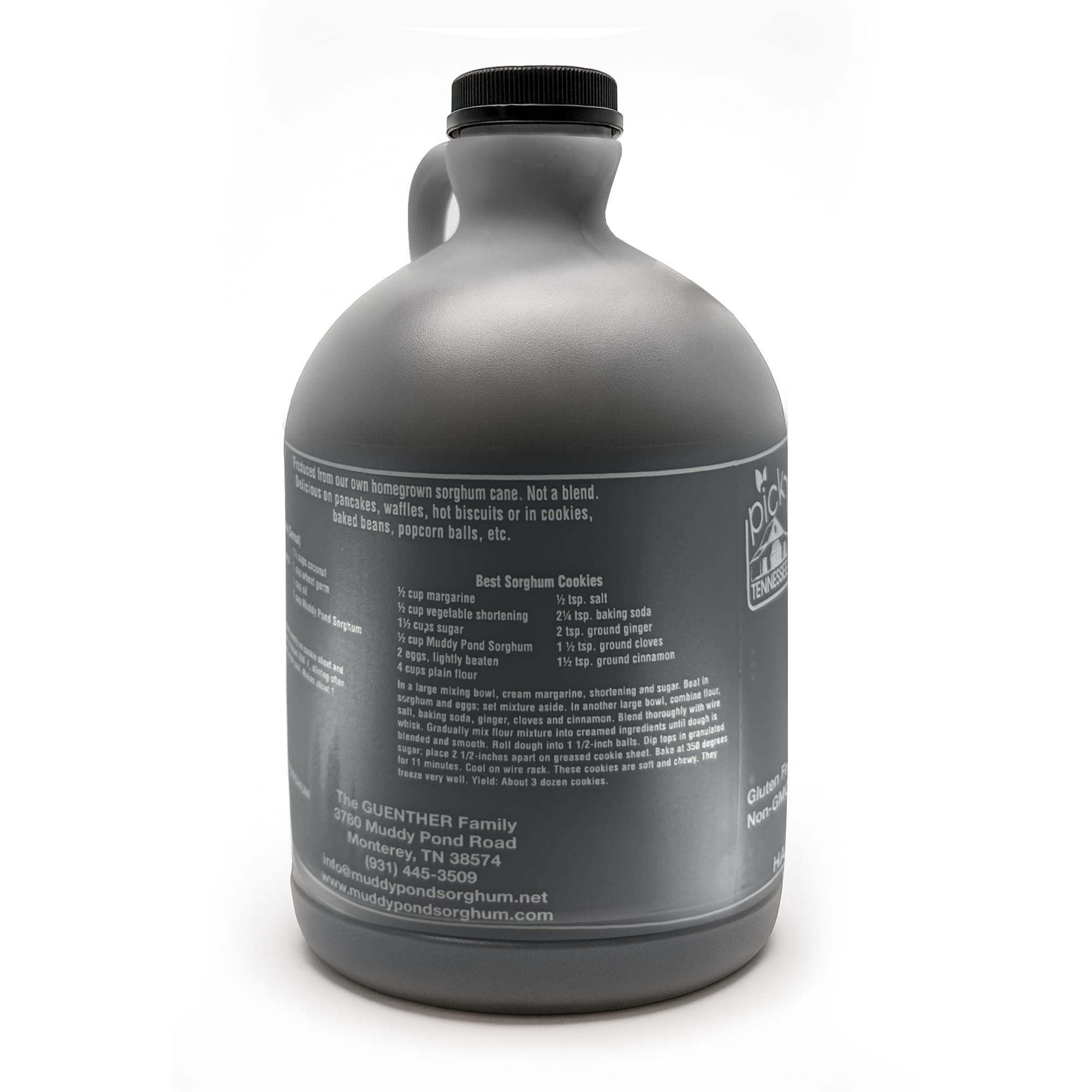 Muddy Pond Sorghum bottle label close-up highlights pure ingredients for kitchen use.