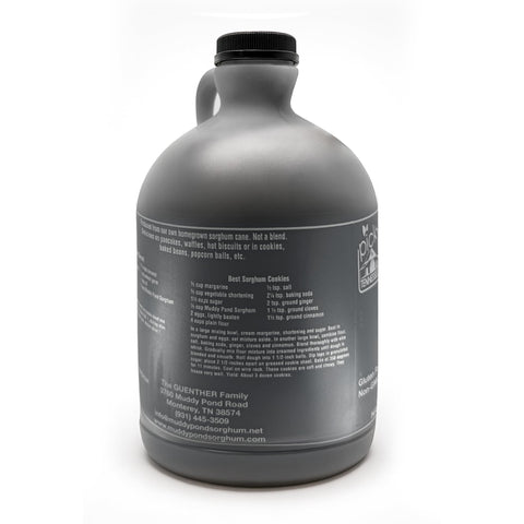 Muddy Pond Sorghum bottle label close-up highlights pure ingredients for kitchen use.
