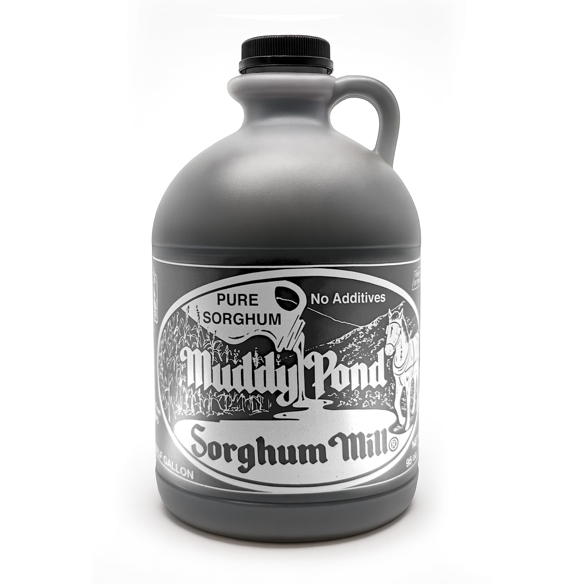 Muddy Pond Sorghum bottle close-up reveals rich amber color, ideal for natural sweetness on pancakes.