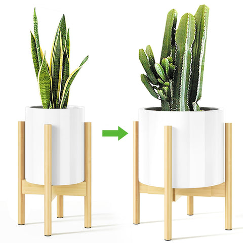 MUDEELA plant stand shows adjustable width for 8–12 inch pots, ideal versatility.