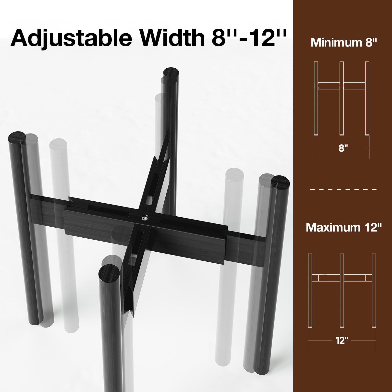 MUDEELA bamboo plant stand, side angle, shows adjustable width for different pot sizes.