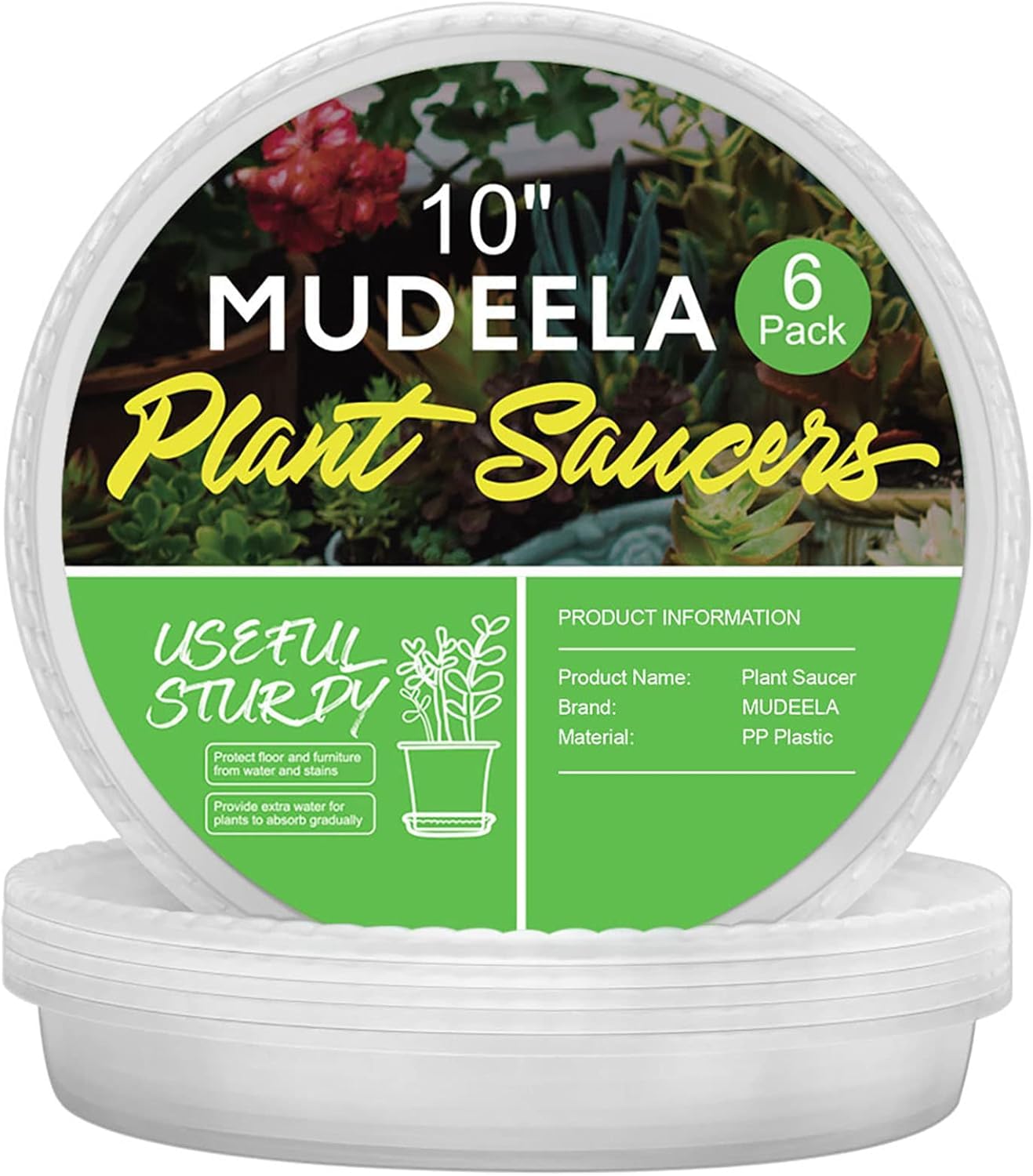MUDEELA 10-inch plant saucer top view showing clear, durable plastic protecting surfaces