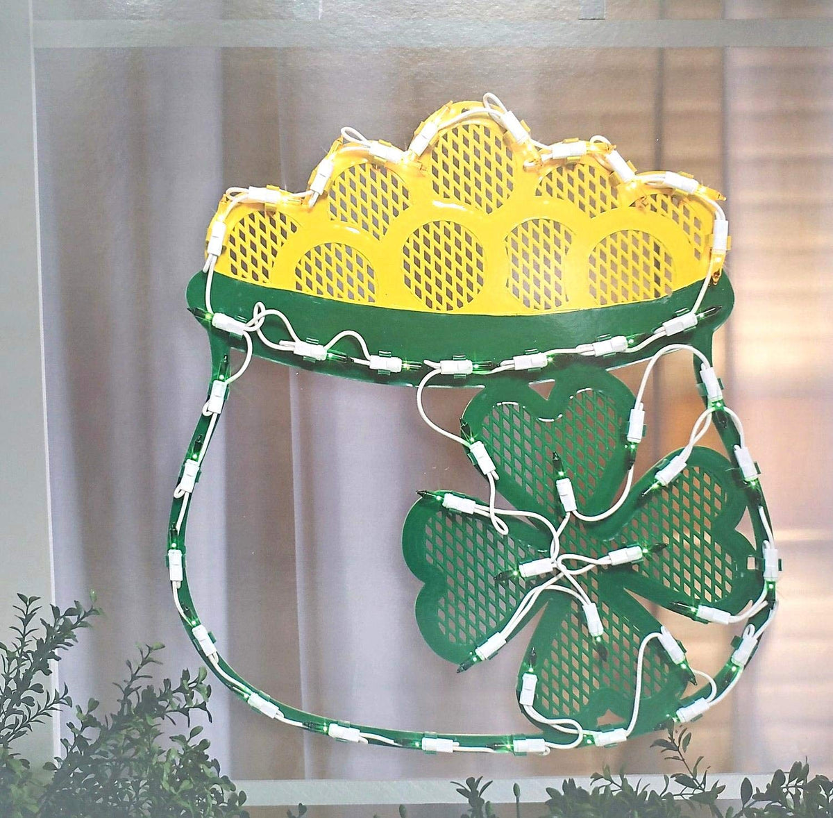 MUDHEN Pot of Gold lighted window decoration brightens windows for St. Patrick's Day.