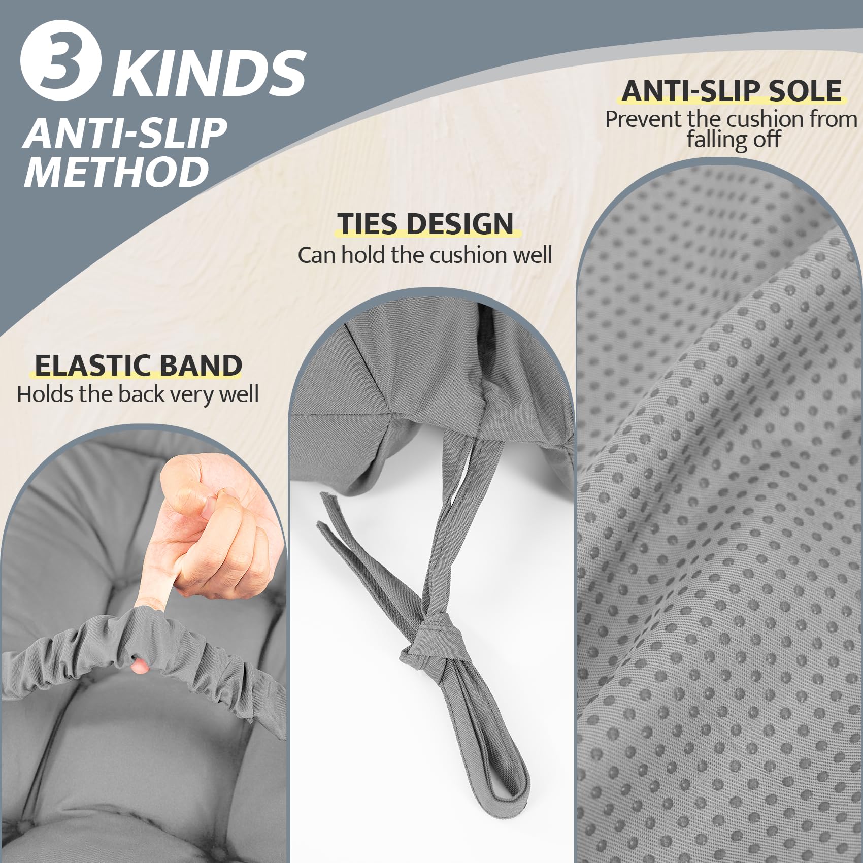 Detail of mudilun cushion ties demonstrating secure attachment on chairs.